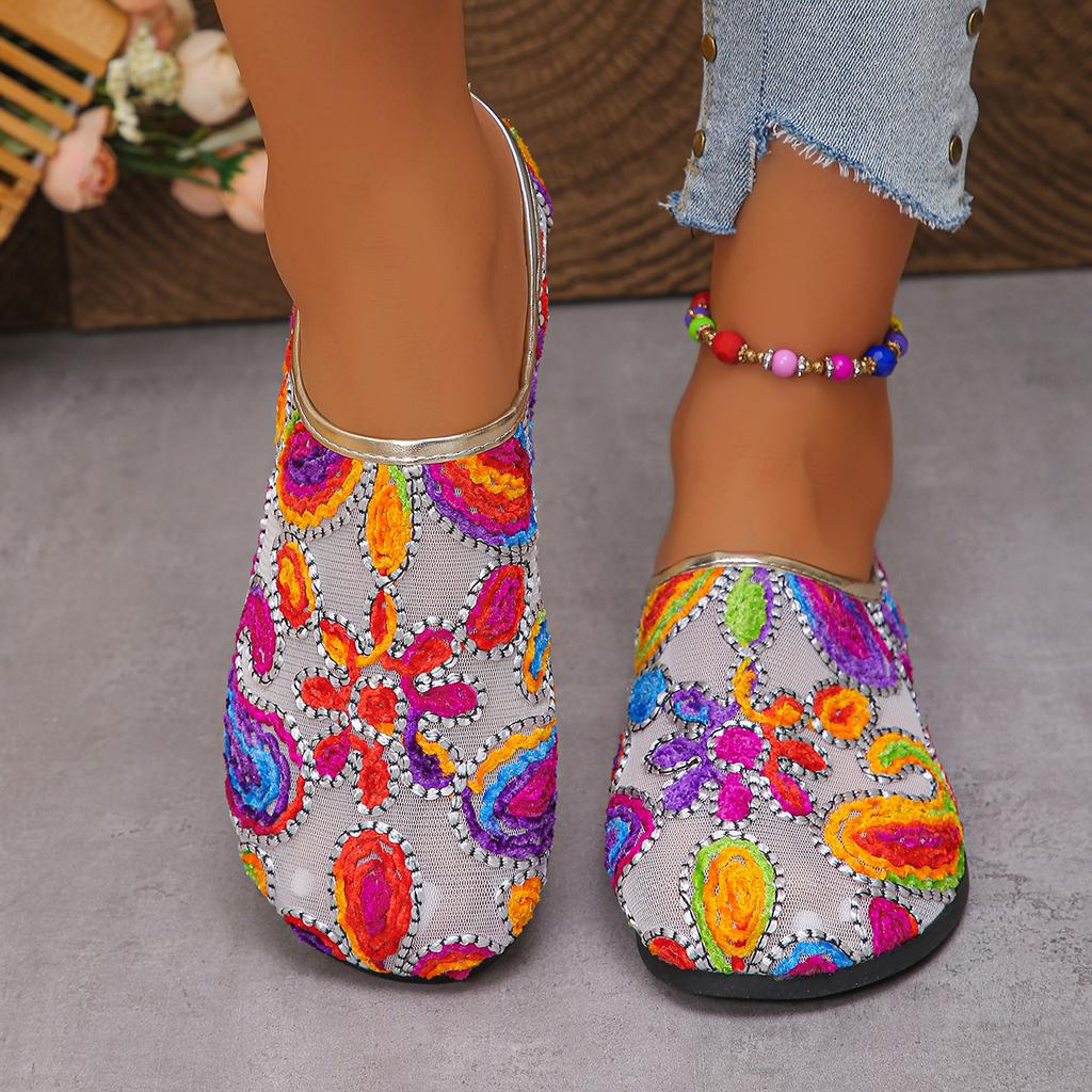Fashion New Fashion Women Sandals Colorful Floral Pattern Sandals Mesh Round Toe Summer Casual Slippers Flats Lady Vacation Beach Shoes