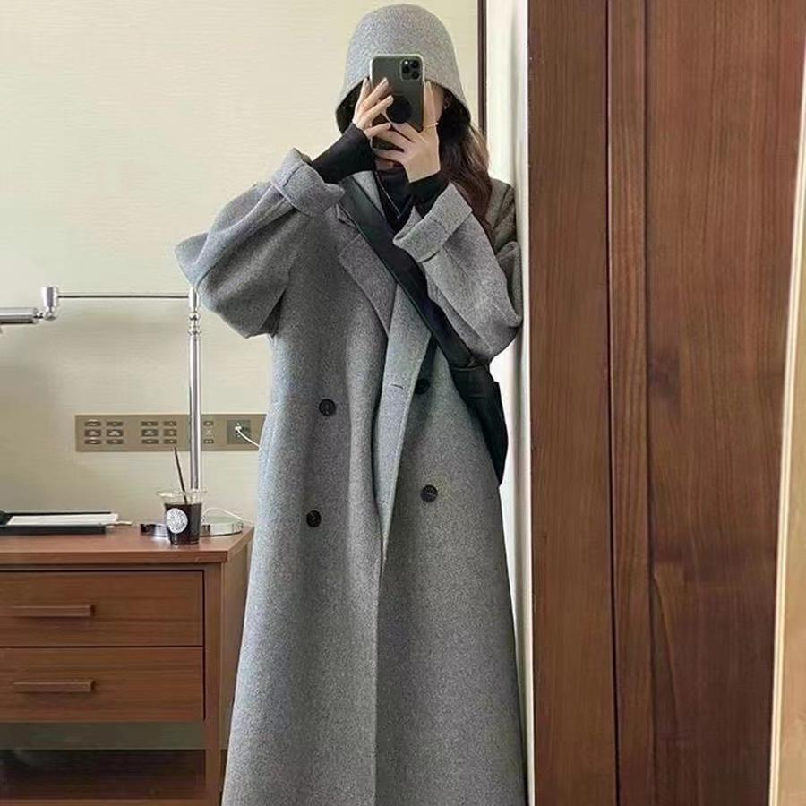 Двустороннее шерстяное пальто в корейском стиле для женщин - Большой размер, Приталенный силуэт, Длинное