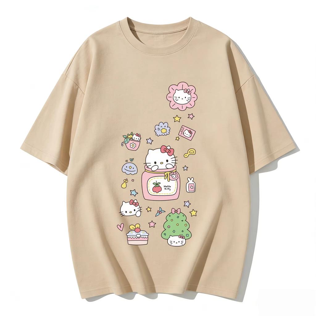 2026 новый летний милый графический топ HelloKitty повседневный хлопковый топ с коротким рукавом для женщин и девочек Каваи мультяшный принт Streetwear