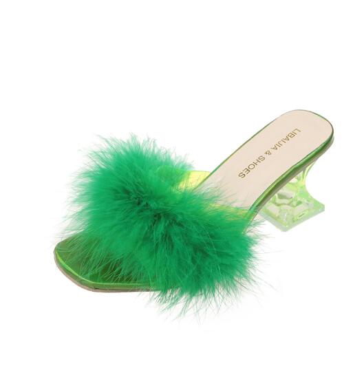 Тапочки Maogu, перья, ПВХ, прозрачные, высокие каблуки, меховые сандалии, открытый носок, каблук-шпилька, женские шлепанцы, женские летние новые мюли 41