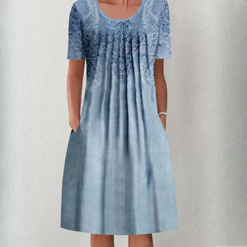 Женская мода лето весна однотонный принт с коротким рукавом и круглым вырезом с высокой талией повседневные платья