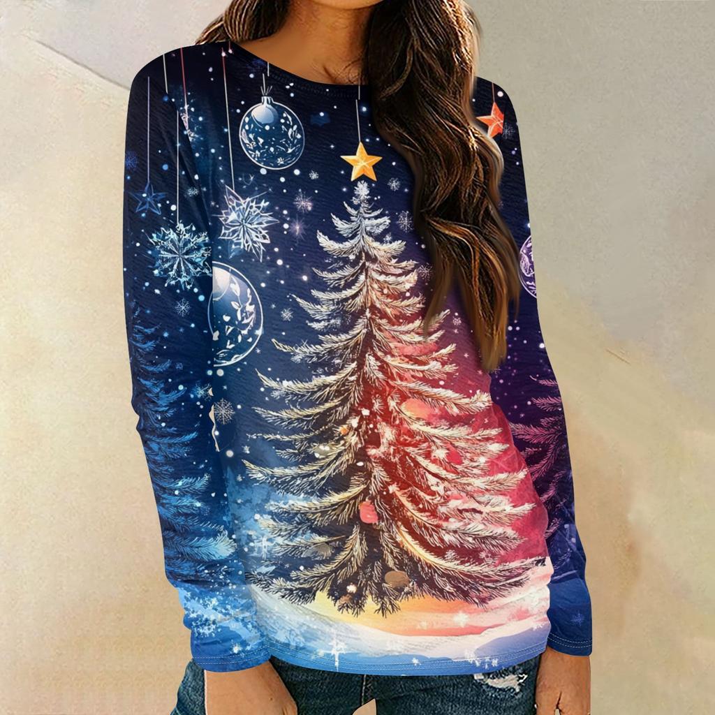 Женская мода круглый вырез пуловер с глубокими рукавами футболка с рождественским принтом топ