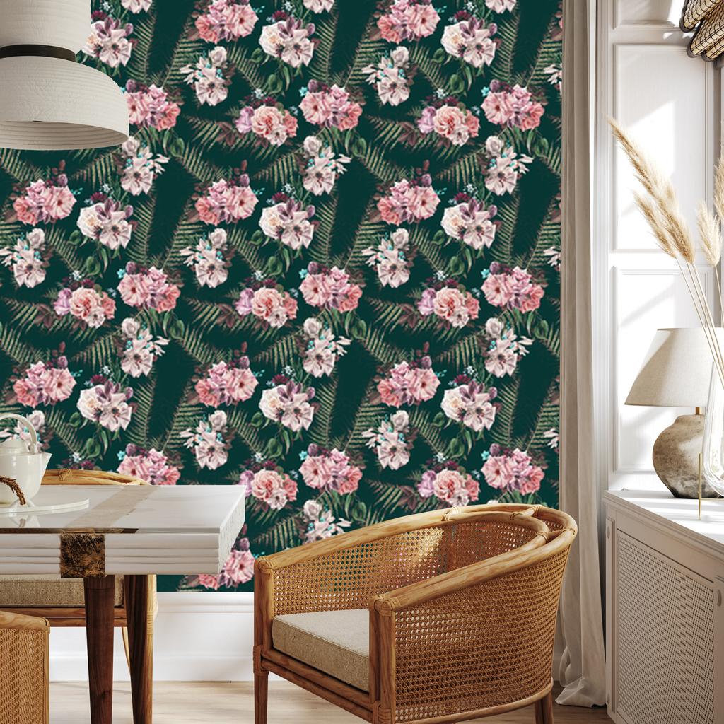 Wallpaper Leaves Ferns Roses for Living Room and Bedroom 50x1000