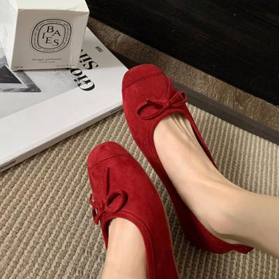 Вариант из овчины! Красные балетки женские с бантом ретро вечерний ветер плоская подошва женские туфли квадратный носок мелкий вырез туфли бабушки