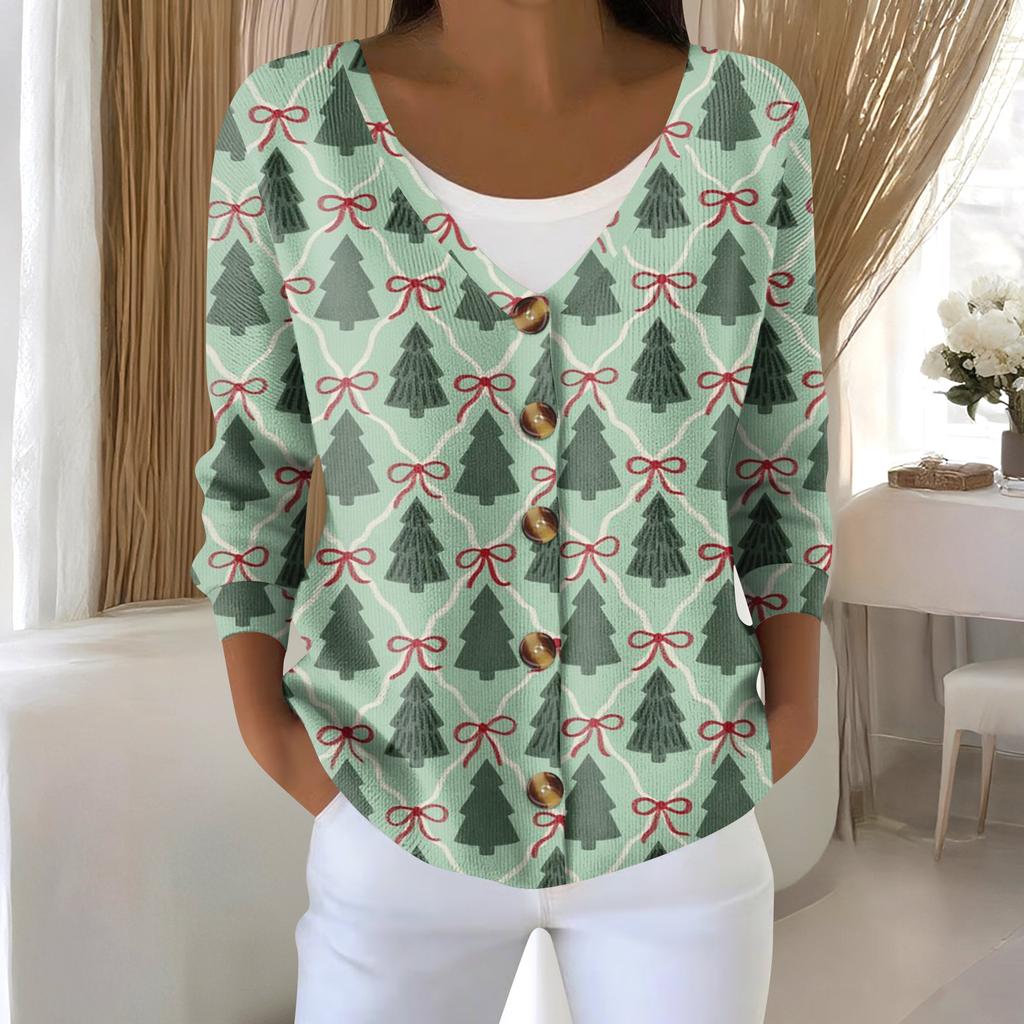 Women's Fashion Long Sleeve Christmas Snowman Snowflake Print Jacket Cardigan