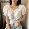 French Retro Bubble Sleeve V-neck One Shoulder Shirt Ladies Summer Niche with A Sense of Design High Waist Navel Short Tops