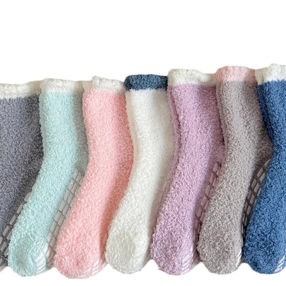 6 Pairs Women's Non-Slip Thermal Fleece Socks Winter Thick Floor Socks Solid Color Mix Soft Polyester One Size Color As Same As The Picture