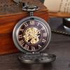 Vintage Wood Circle Carved Mechanical Pocket Watch Men Unique Hollow Steampunk Skeleton Number Dial Mechanical Watches Chain
