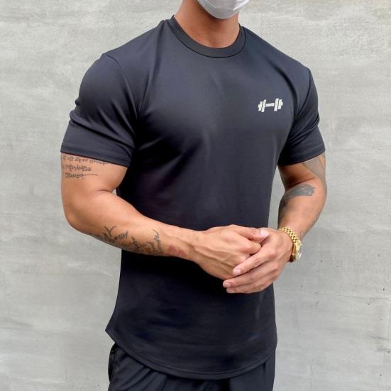 Men Sports T-shirt O Neck Short Sleeve Slim Fit Solid Color Elastic Quick-drying Soft