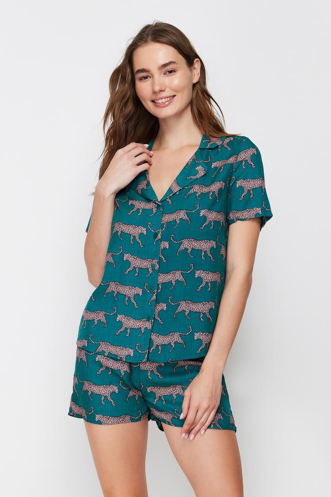 Women's Fashion New Pajama Set Emerald Green Patterned Viscose Shirt-Shorts Woven Pajama Set