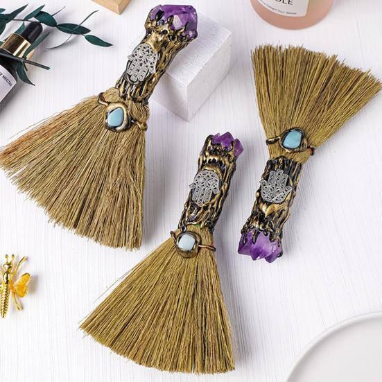 Halloween Faux Amethyst Broom Figurine Handmade Healing Stone Fake Crystal Mini Witch