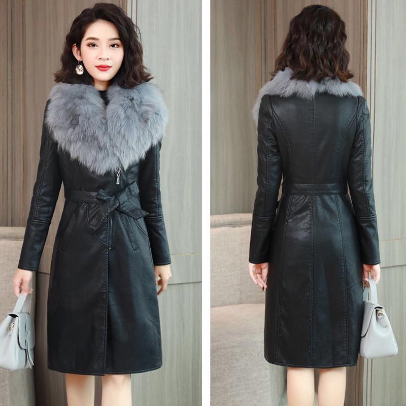 Женская кожаная куртка с большим меховым воротником, длинное кожаное пальто, зимняя теплая кожаная куртка