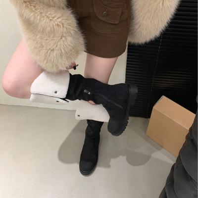 2025 осень и зима новая круглая голова волосатая боковая молния толстый каблук высокий голенище Мартин теплые снежные женские рыцарские ботинки