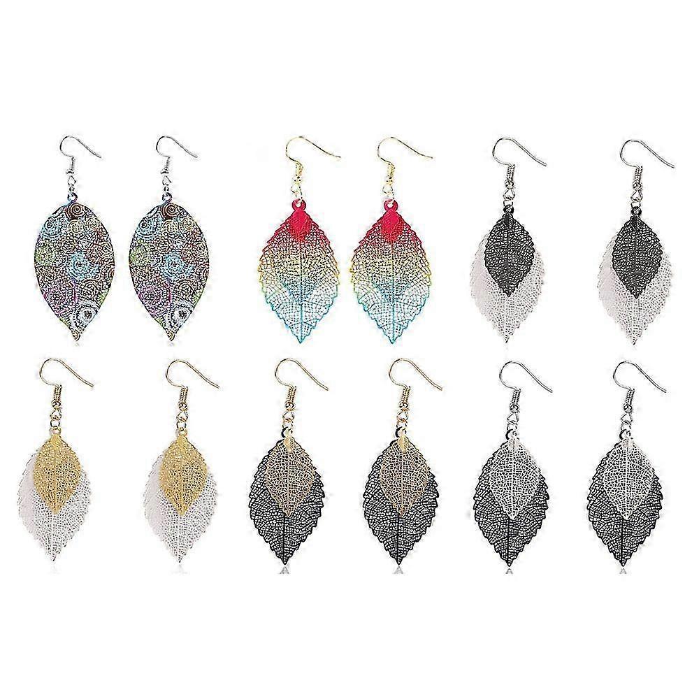 6 Pairs Metal Leaf Dangle Earrings Colorful Pendant Drop Hook Statement Earrings Set for Women Teen Girls 25-26s