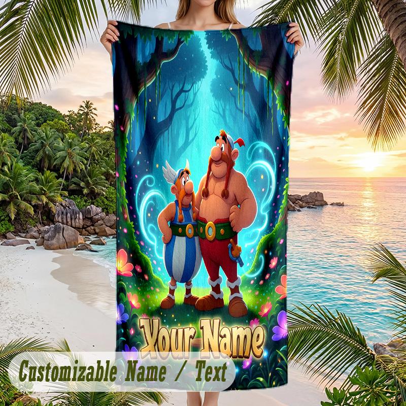 Asterix & Obelix Beach Towel, Personalized Custom Text, Quick Dry Soft Large Towel For Swimming Pool Travel
