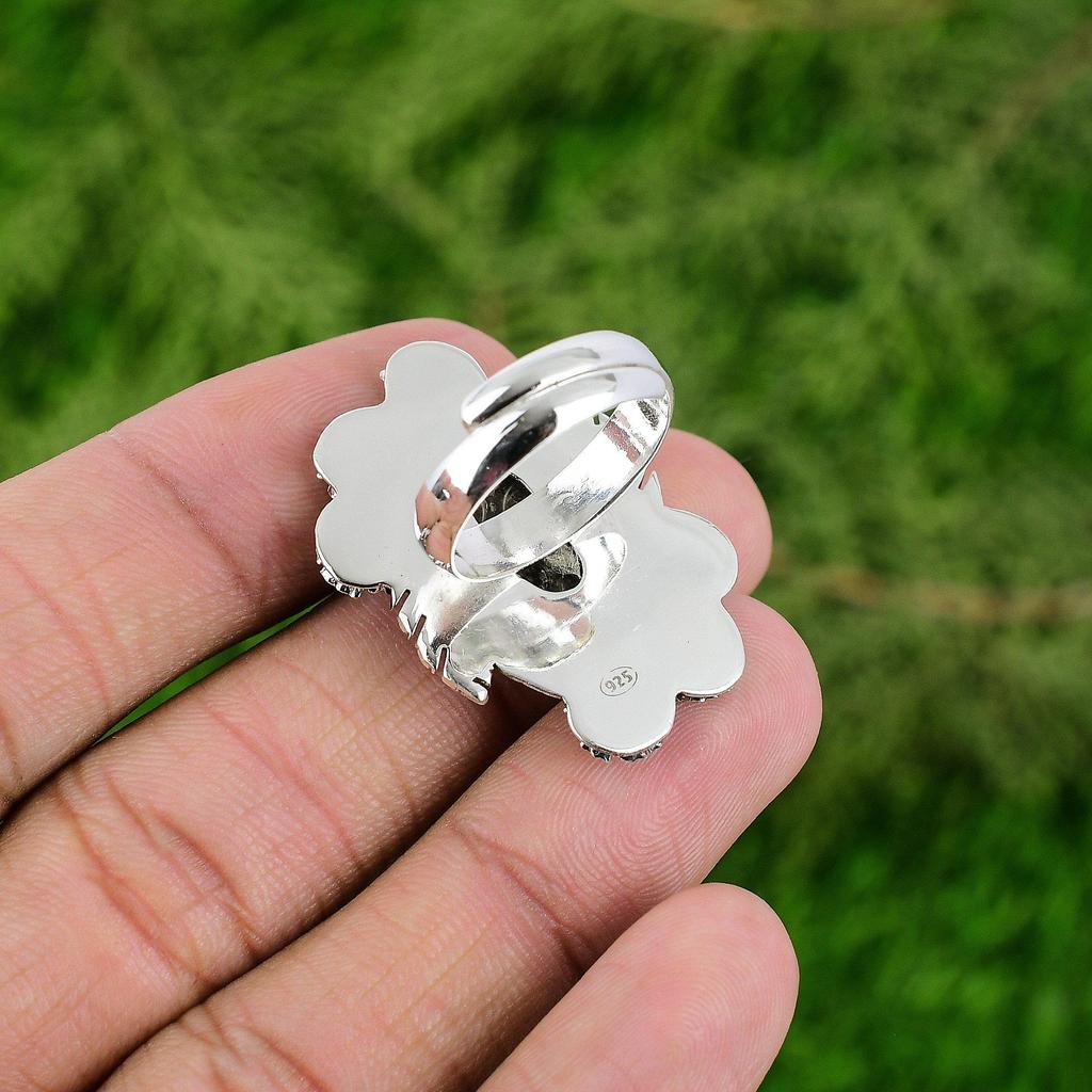 Gift For Her Natural Turritella Agate Promise Flower Adjustable Ring 925 Silver