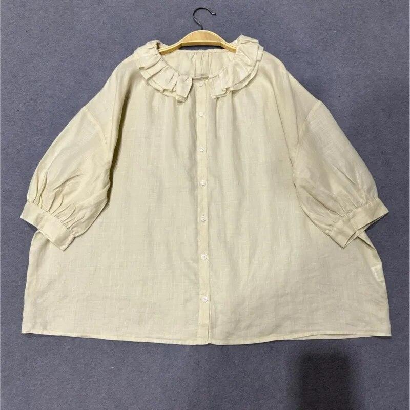 Johnature Летние японские женские рубашки с оборками и воротником, винтажные повседневные однотонные блузки с половиной рукавов