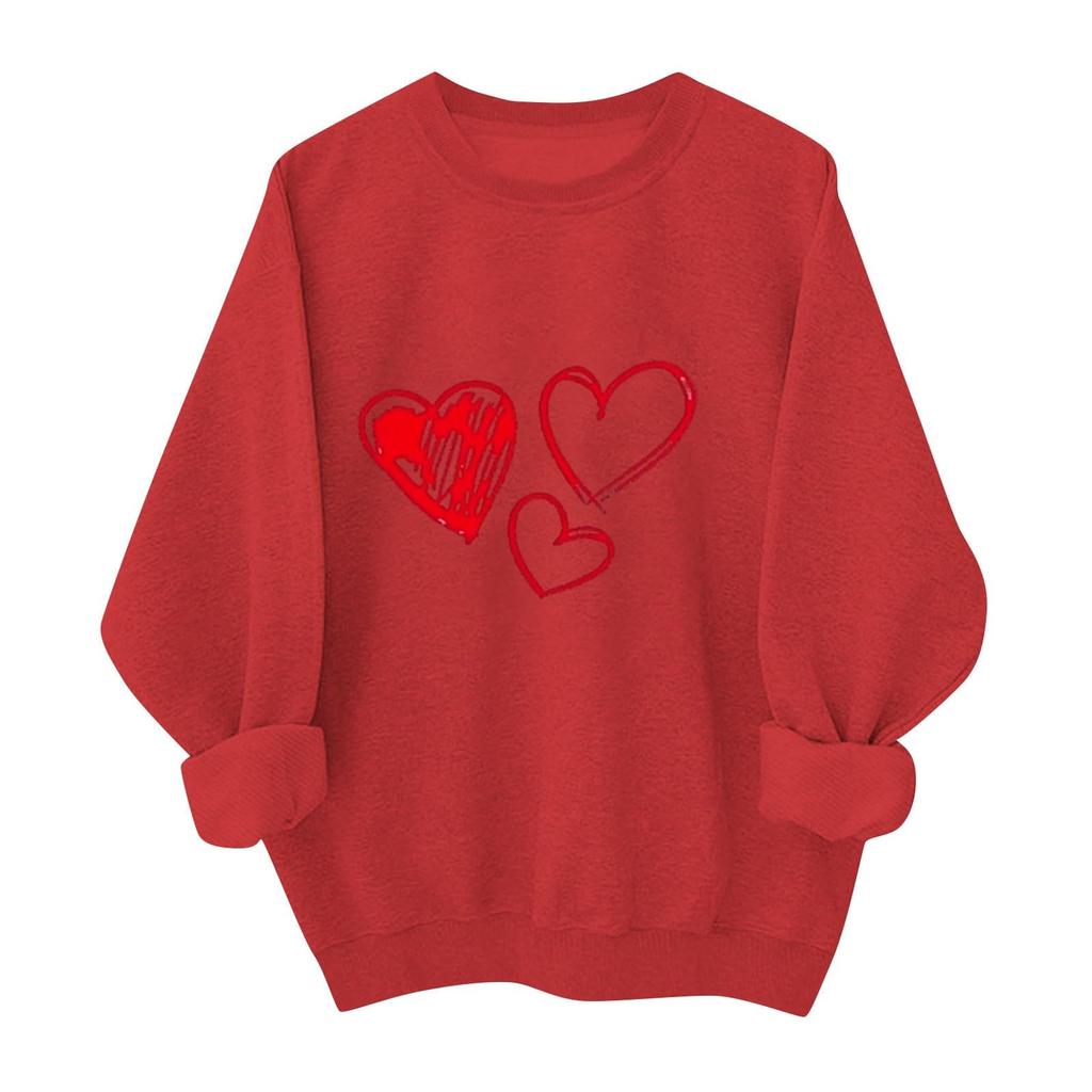 Ladies' Casual And Fashionable Round Neck Top With Valentines Print Hooded T-shirt Long Sleeved Sweatshirt