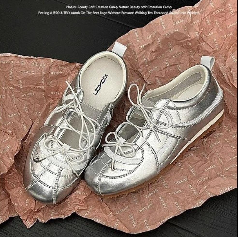 Серебристые туфли Мэри Джейн, повседневные туфли, мягкая подошва, не утомляют ноги, новые модели 2025 года, внутренняя высота увеличивает на 5 см, балетные тренировочные туфли для женщин