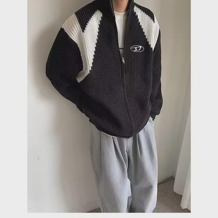 Мужской кардиган на молнии в американском стиле: Осенне-зимний трендовый уличный свитер с воротником-стойкой, длинным рукавом, ленивой и свободной вязкой