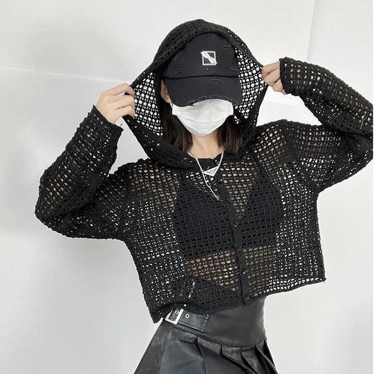 Long Sleeved Sun Protection Cardigan Korean Version Lazy Top Hooded Knitted Spring/summer Short Cut Hollow Knit Sweater