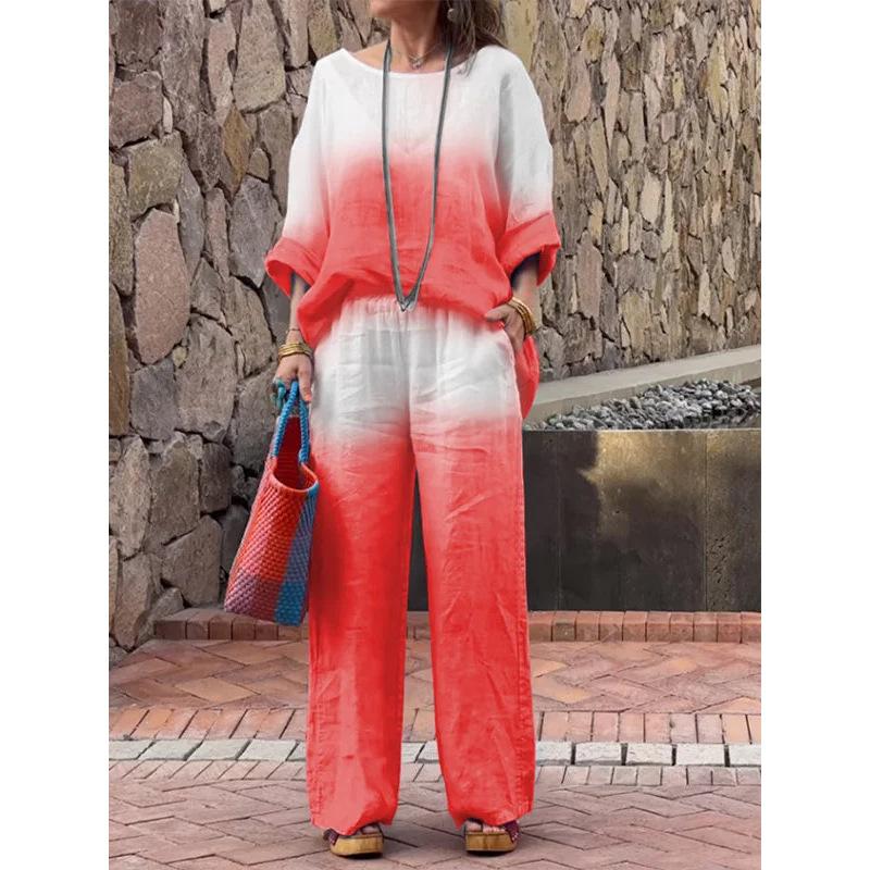 Женский комплект, модный топ из хлопка и льна с градиентом, топ с круглым вырезом с длинными рукавами и прямые брюки, комплект из двух предметов