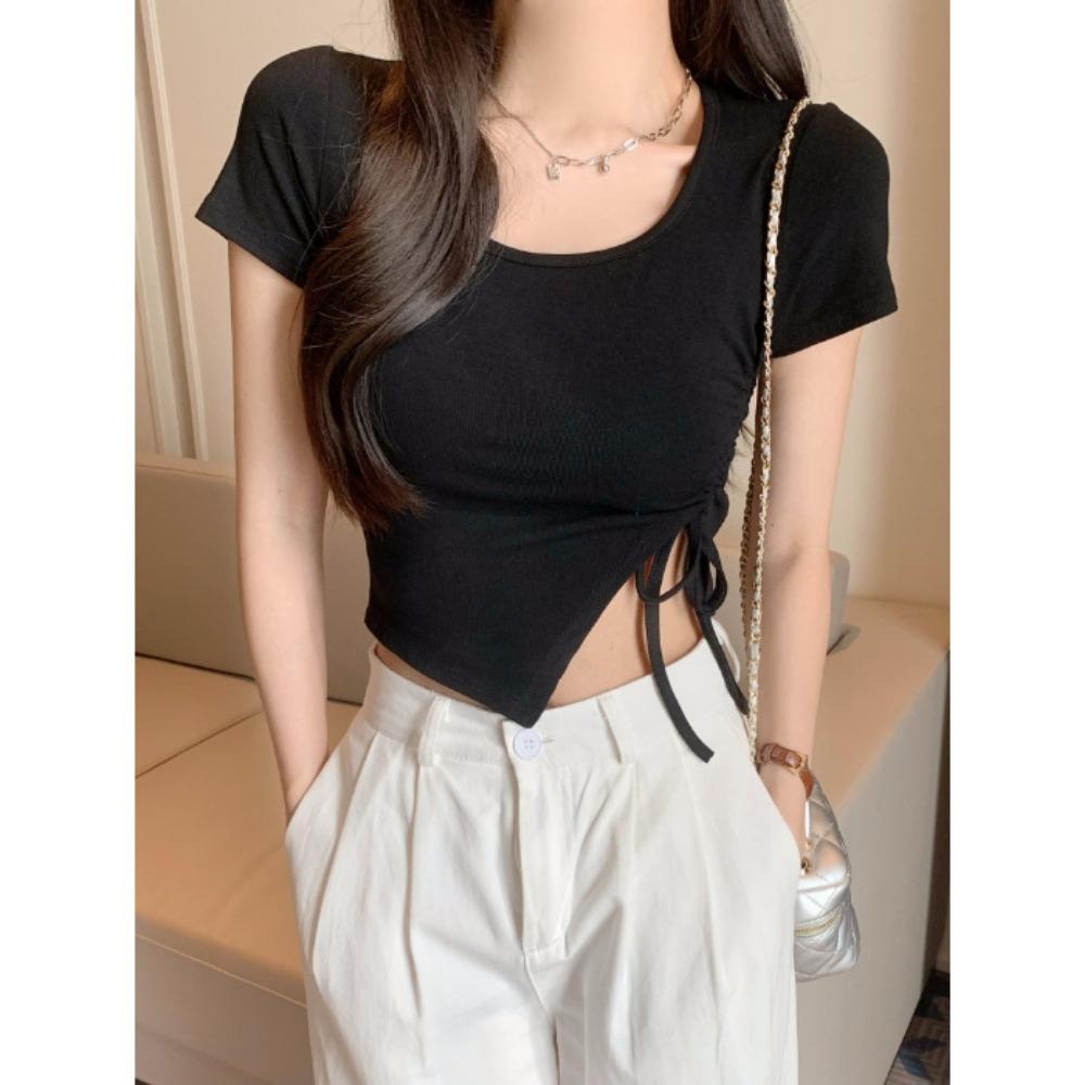 Irregular Square Collar Short Sleeve T-shirt Slim Fit Slimming Sweet and Spicy Style Drawstring Short Top Summer