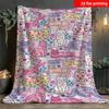 2D Flat Printing 1pc Colorful Floral Cat Flannel Blanket with a Light Purple Background and a Cartoon Kitten with Small Flowers Pr