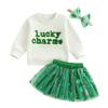 Kids Gir Irish Day Outfit Letter Embroidery Long Sleeves Sweatshirt and Clover Mesh Tulle Skirt Headband Set