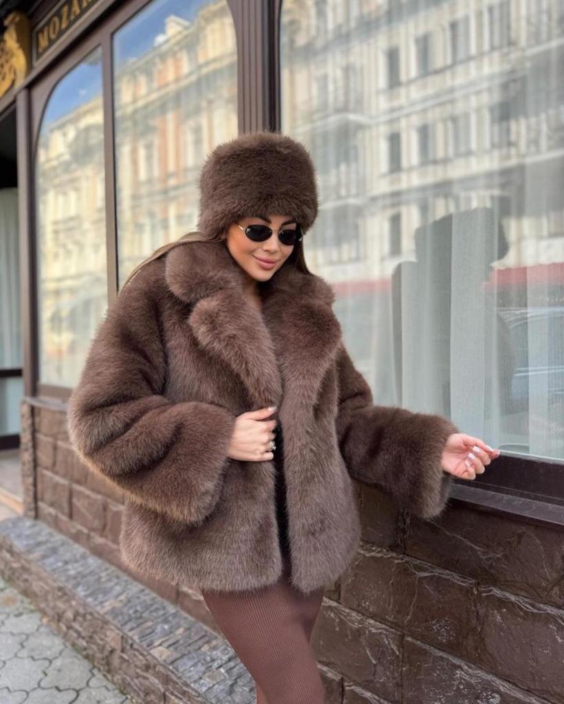 Женское зимнее пальто из искусственного меха лисы с воротником-стойкой