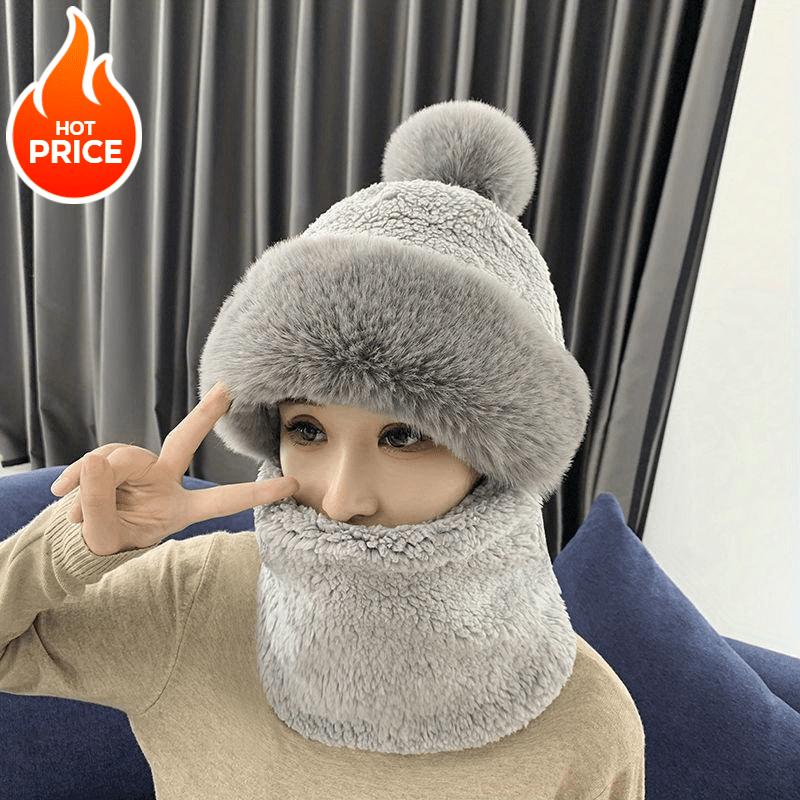 Winter Scarf Set Hooded for Women Plush Neck Warm Outdoor Ski Windproof Hat Thick Plush Fluffy Beanies