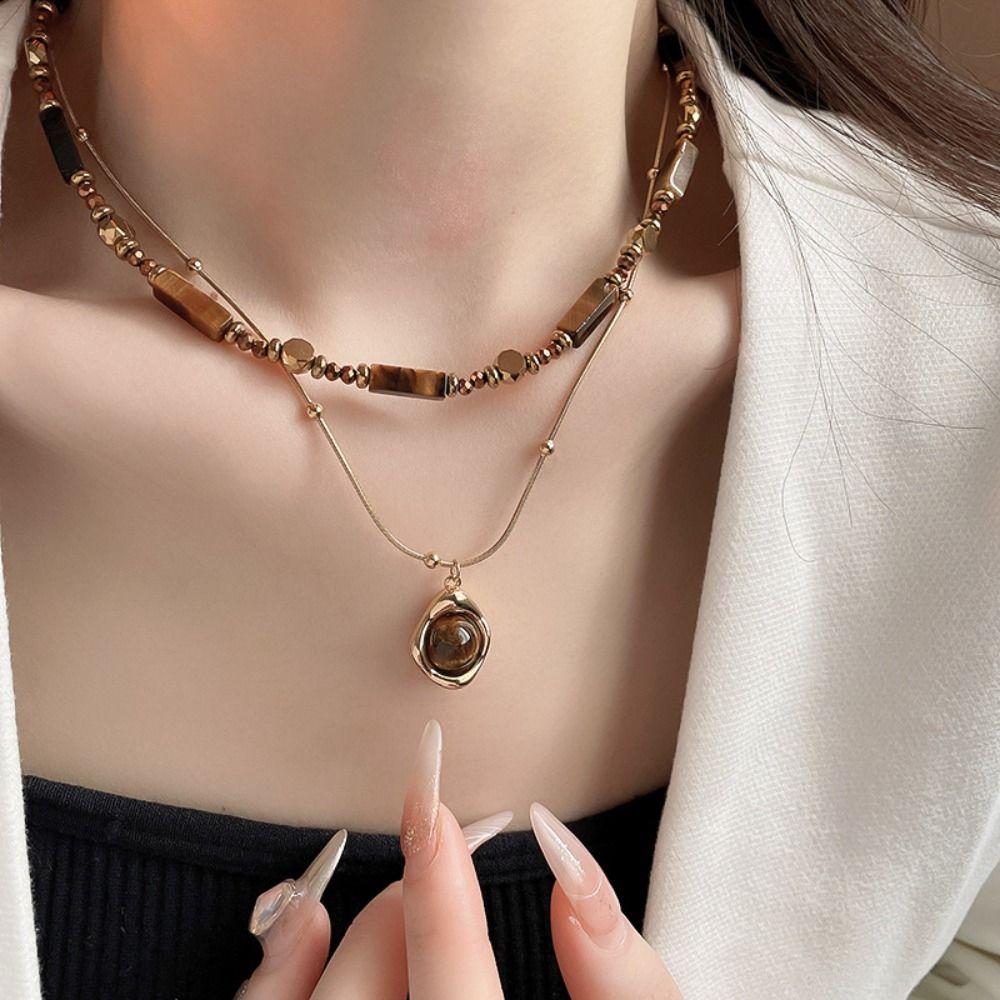 Light Luxury Collarbone Chain Senior Sense Sweater Chain Tiger's Eye Stone Beaded Necklace Winter
