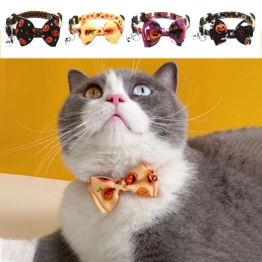 With Bell Kitten Pumpkin Necklace Adjustable Cat Pumpkin Bow Tie Halloween Cat Collar Halloween