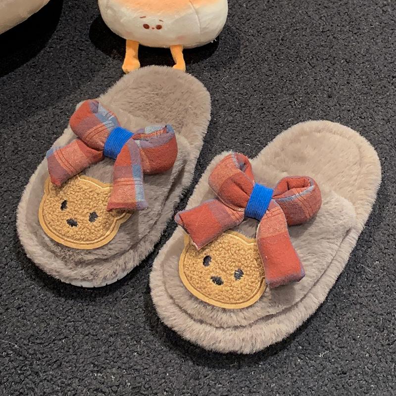 Шикарные детские тапочки для девочек с милым медвежонком и бантом, детская зимняя обувь, мягкая подошва, пушистая, модные, милые, хлопковые тапочки для малышей