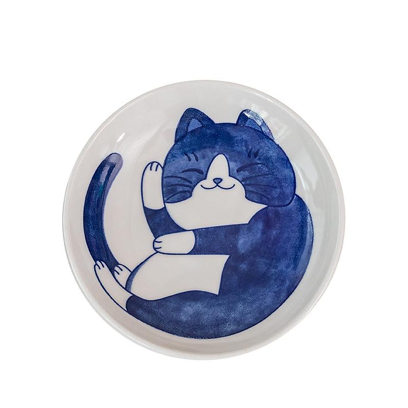 Керамическая тарелка для десертного соуса Набор посуды Мини-пиала Пиала для гарнира Креативный мультяшный узор "Счастливый кот" Маленькая фруктовая тарелка 1 штука