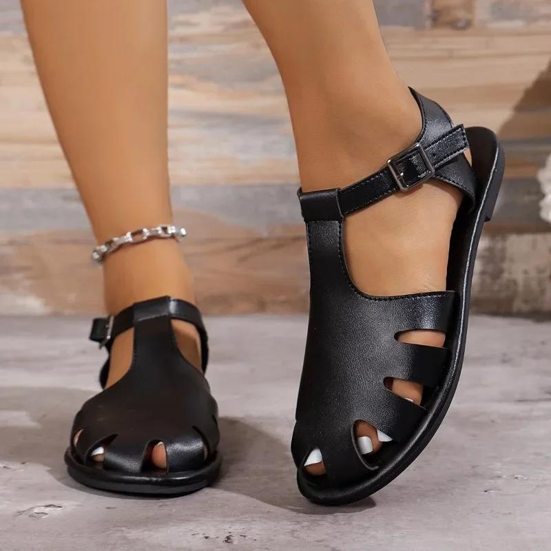 Модная обувь для женщин 2024 горячая распродажа летние женские сандалии с ремешком на щиколотке, с закрытым носком, однотонные, на низком каблуке, повседневные сандалии для женщин