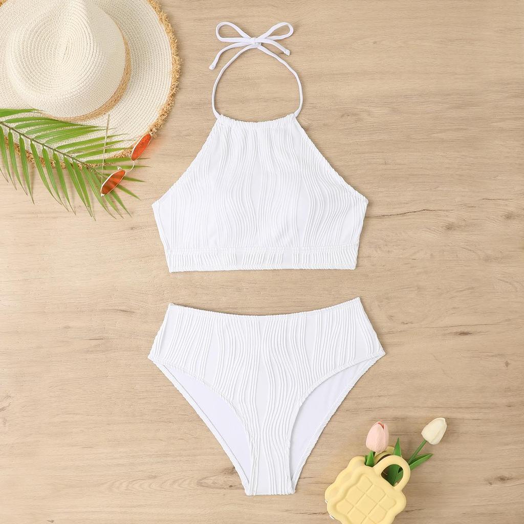 2024 European & American Solid Color High Waist Split Bikini Swimsuit for Women