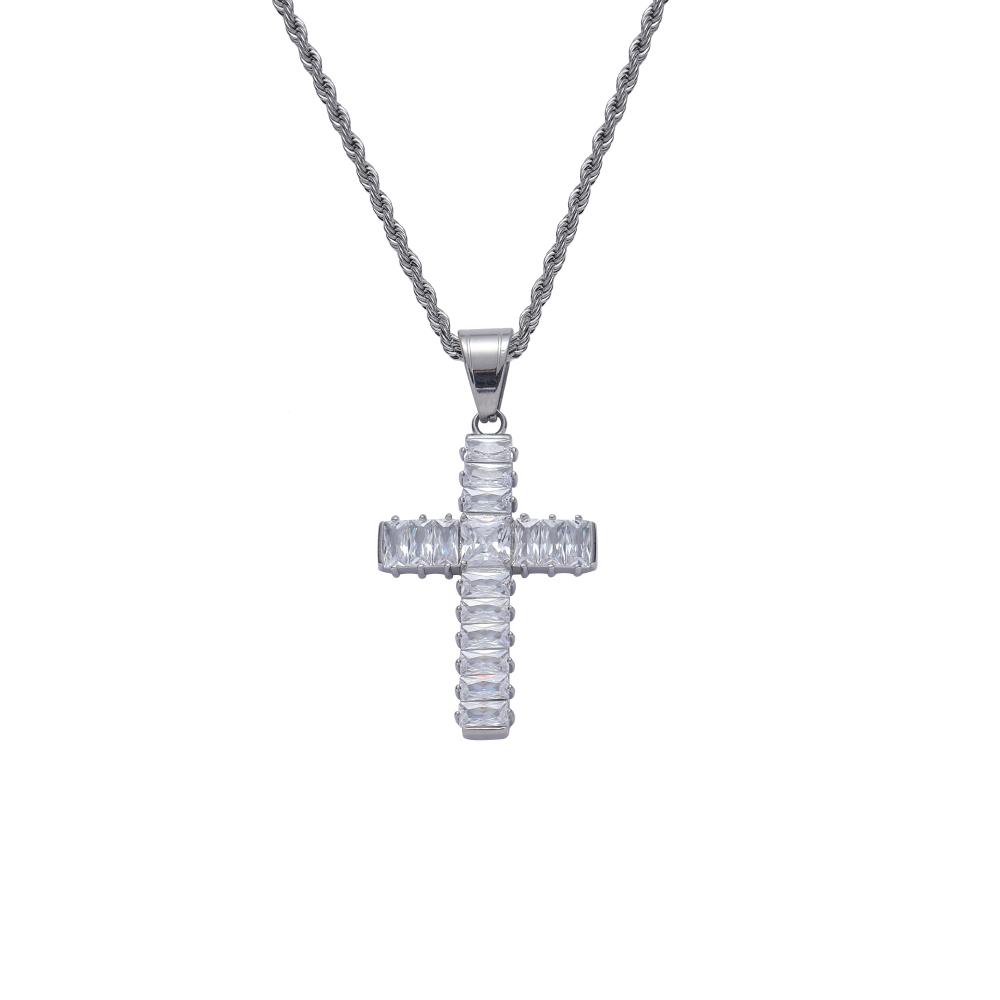 SN266 Hip Hop Cross Pendant Necklace with Crystal & Rhinestone  Stainless Steel Rope Chain Iced Out Design