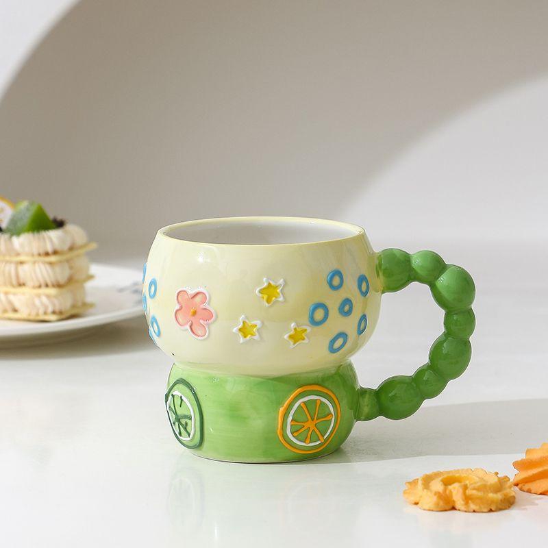 Hand-painted Relief Gourd Ceramic Cup Aesthetic Value, Breakfast Large Capacity, Cute Oatmeal Mug, Home Drinking Wate Drinkware