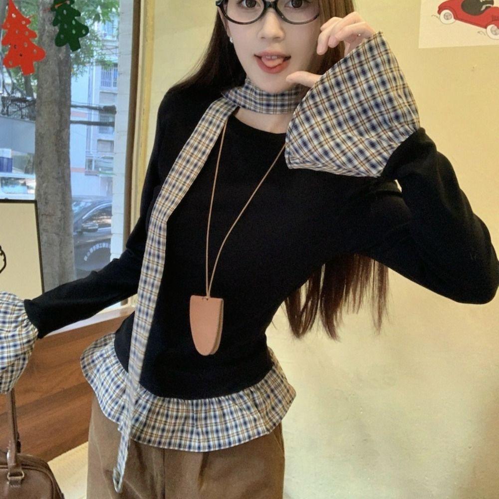 Милый топ с длинными рукавами и оборками из сетки, облегающий топ, модная футболка из двух частей, весна