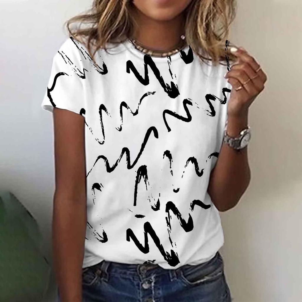 Летний топ с круглым вырезом и 3D-цветочным принтом, модные повседневные женские футболки с короткими рукавами