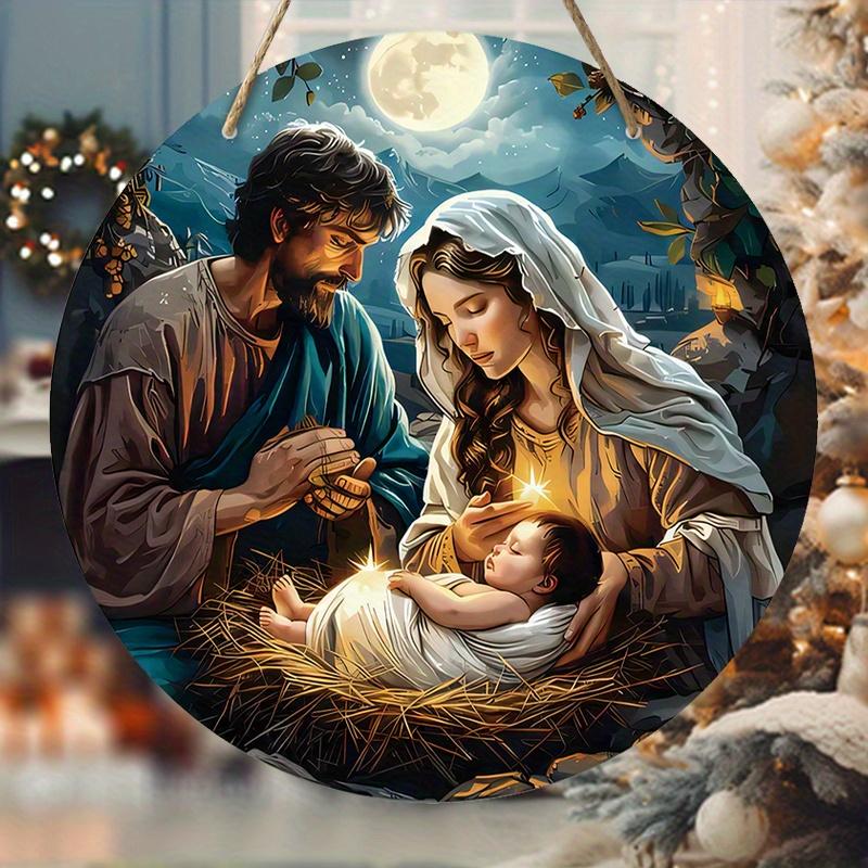 5pcs Religious Figure Born Nativity Scene Wooden Sign - Round Wall Hanging Decor for Place of Worship Door, Perfect Nazarene Gift