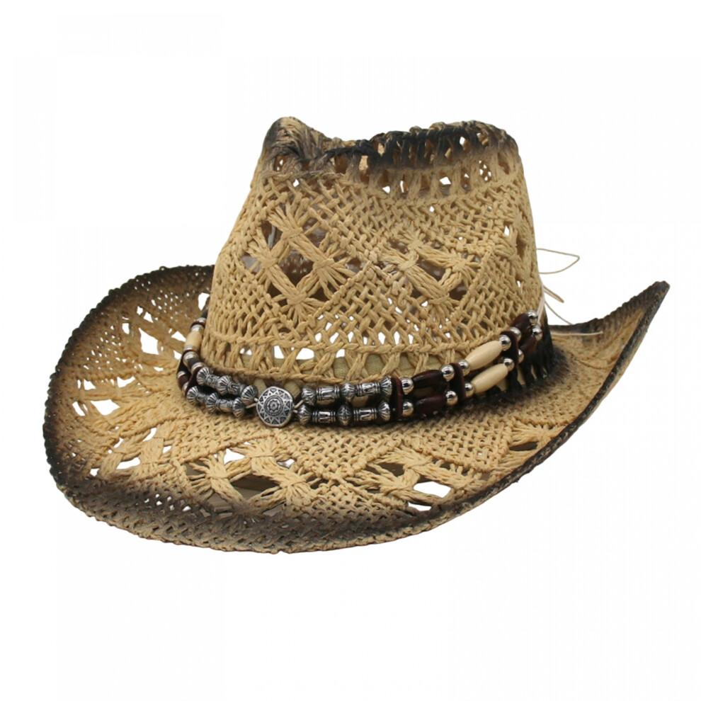 (L, Black) Cowgirl Hats for Women Men Outdoor Western Hat Wide Brim Straw Sun Hat with Beaded Ropes