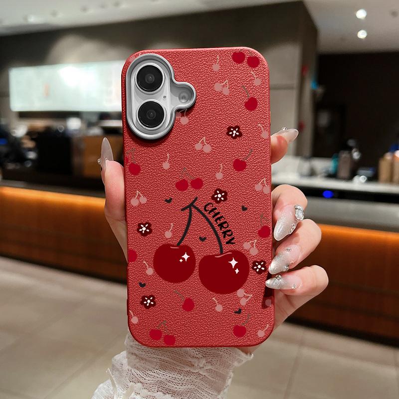 Cherry Patterned Phone Case for iPhone 16 Pro 15 14 Plus 13 12 Pro Max 11 Shockproof Leather Texture Soft Tpu Slim Matte Case Cover