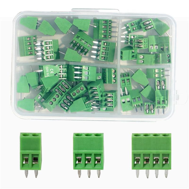 AT19-50PCS 2.54Mm 0.1 Inch Pitch PCB Mount Screw Terminal Block Connector, 2P 3P 4P Terminals 150V 6A