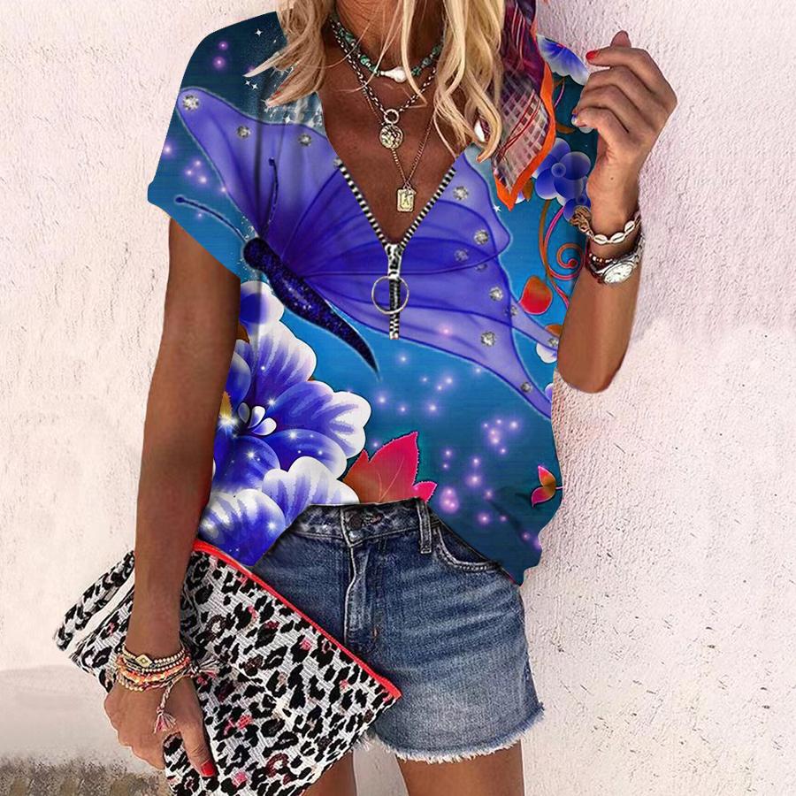 Женский топ, летний новый модный топ с великолепными цветами и принтом, повседневный топ на молнии с v-образным вырезом и короткими рукавами