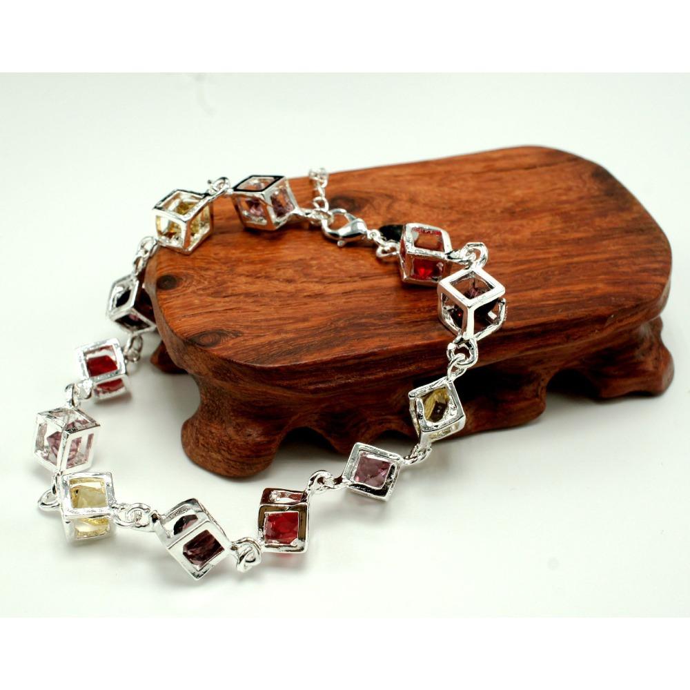 Silver Plated Copper Square Bracelet with White and Colorful Diamonds Elegant Jewelry for Women