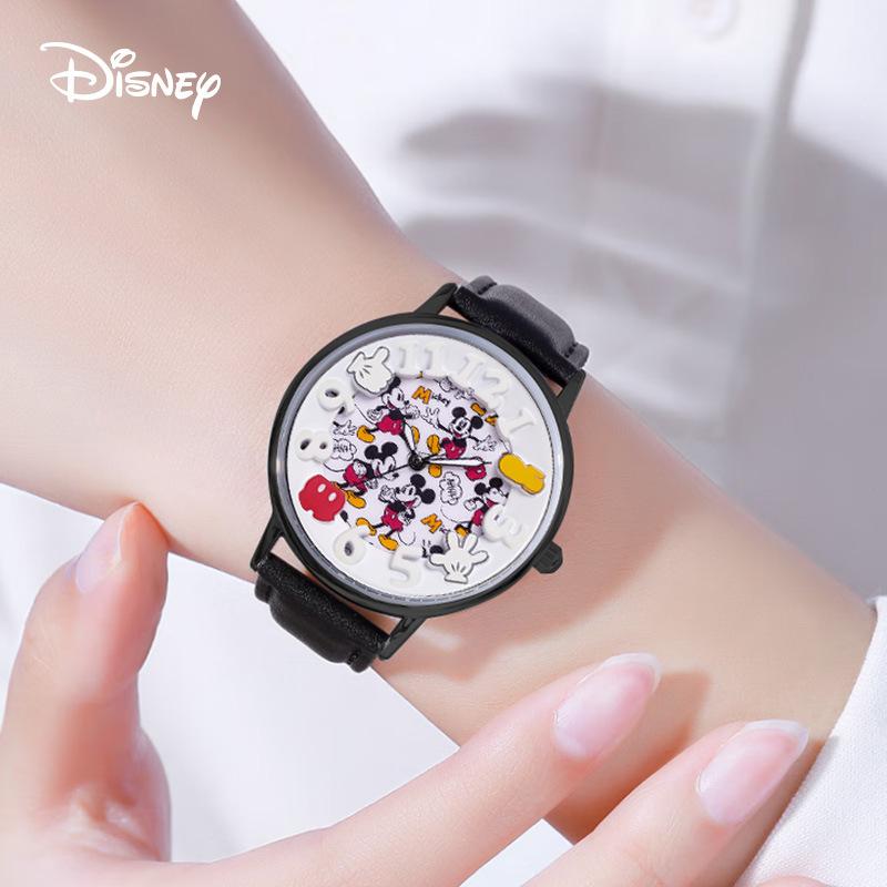 Disney Модные детские часы с мультяшным Микки Маусом, кварцевые наручные часы из ПУ кожи, подарок для мальчиков и девочек