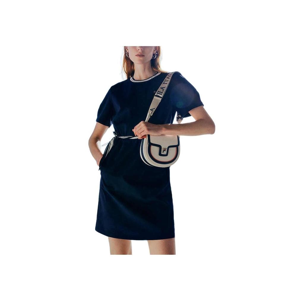 Fila Логотип Цветовой блок Вырез горловины Повседневный Свободный Мягкий Удобный Дышащий Вязаный Пуловер Круглый вырез Короткий рукав Платье Женские платья F11W424304F-DB