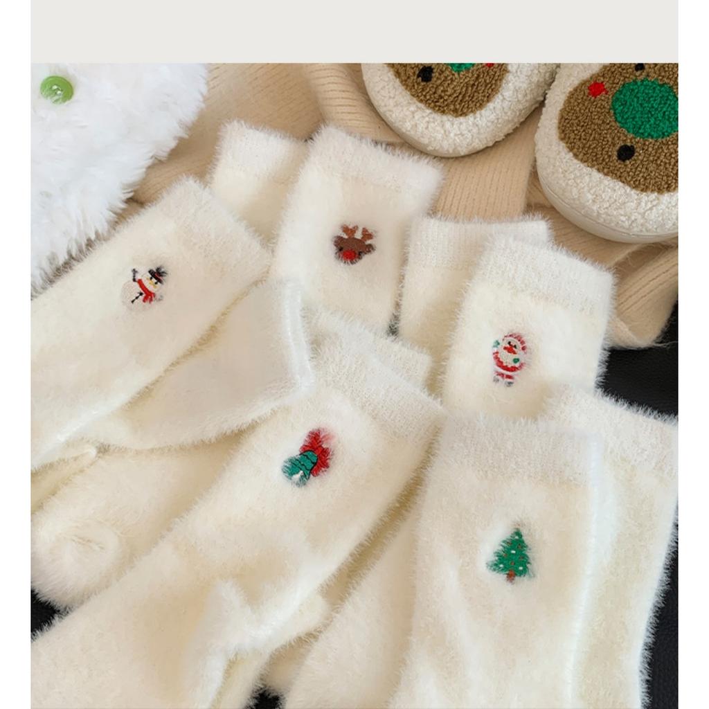 10-1 Pairs Autumn and Winter Socks, Children's White Mink Fur Christmas Socks, Snowman Santa Claus Christmas Tree Elements, Thickened Warm Socks